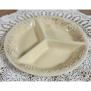 Ceramic 3 Section 13.5"‎ Round Dish - Embossed Fruit all around - Beige Color
